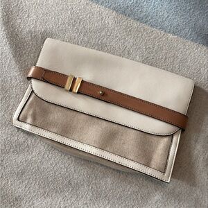 Like New Ann Taylor Belted Envelope Clutch Bag Canvas & Vegan Leather Cream/Tan